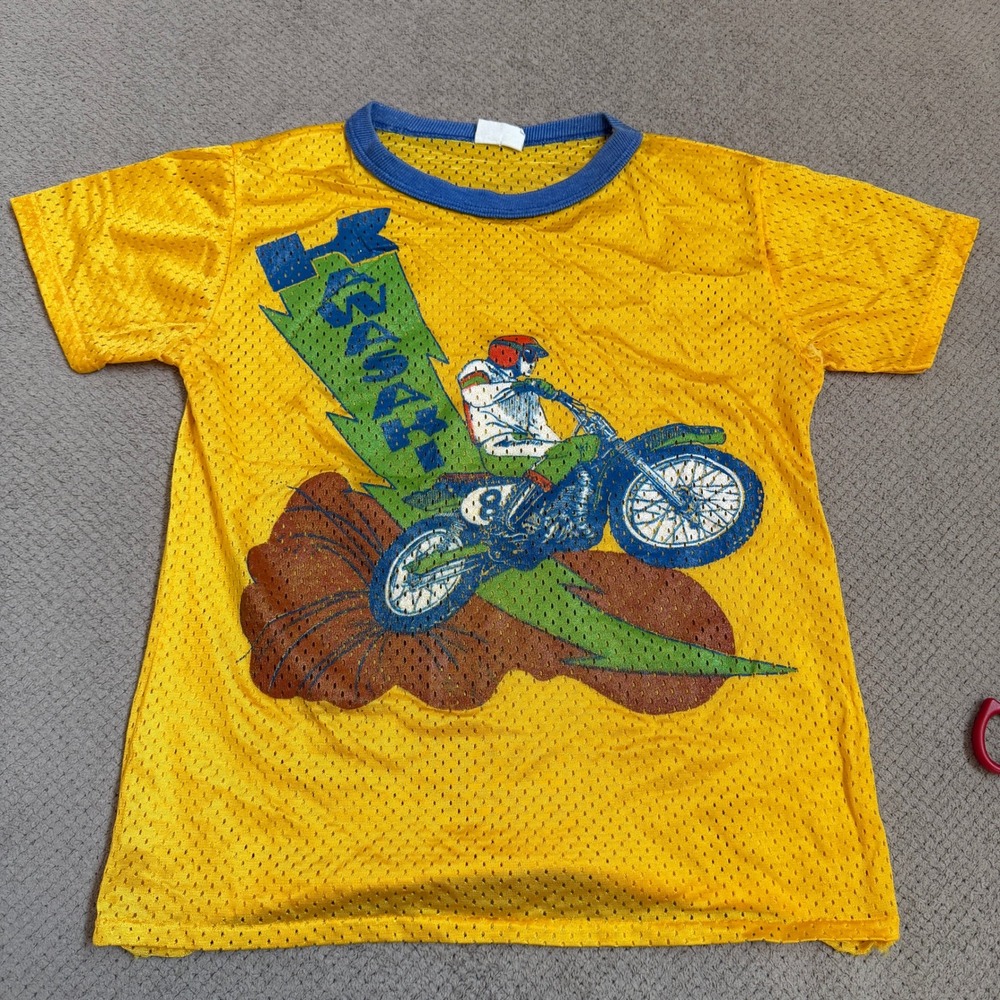 Vintage 1970s Kawasaki Motocross Mesh Jersey Rendale Yellow Blue Small